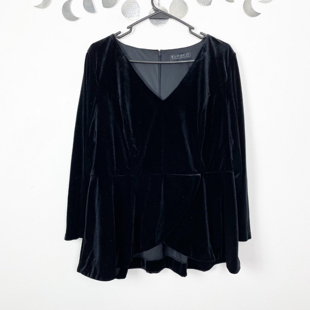 Eloquii Woman's Plus Size 18 Black Velvet Long Sleeve Cross Over Tulip Top